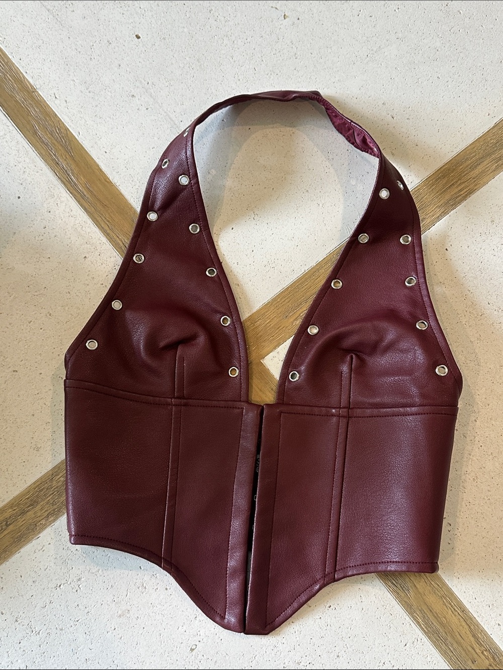 Princess Polly Burgundy Faux Leather Corset Top With Silver Grommets